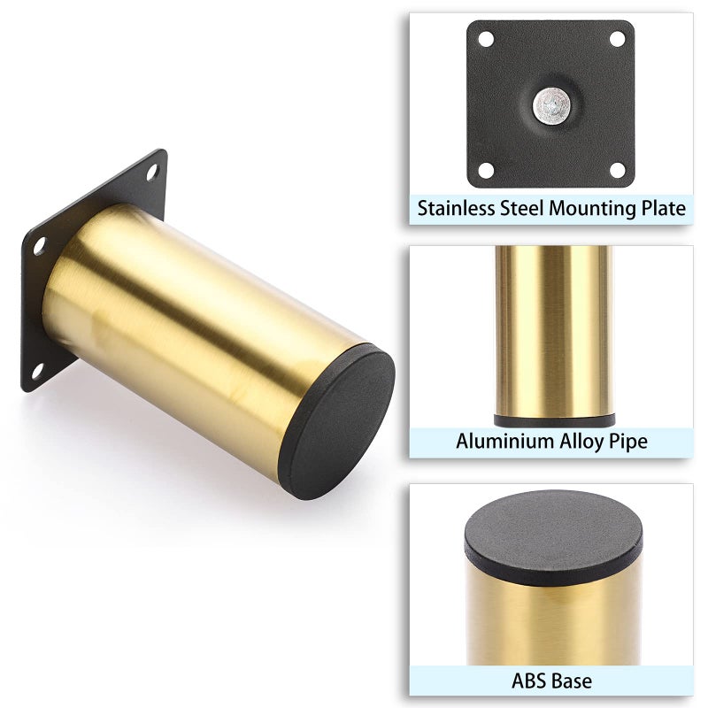 OwnMy 4PCS 4 Inch Stainless Steel Furniture Legs Feets Metal Cabinet Desk Legs  Golden Round Metal Furniture Risers Coffee Table Replacement Legs Heavy Duty Sofa Legs TV Stand Legs Dresser Chair Legs - Image 4